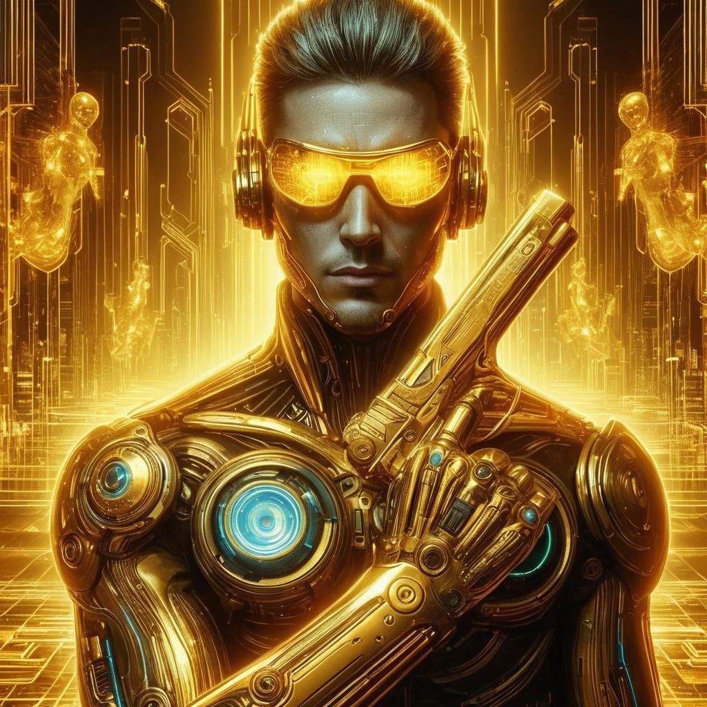 Futuristic Golden Cyberpunk Detective in Bioluminescent City