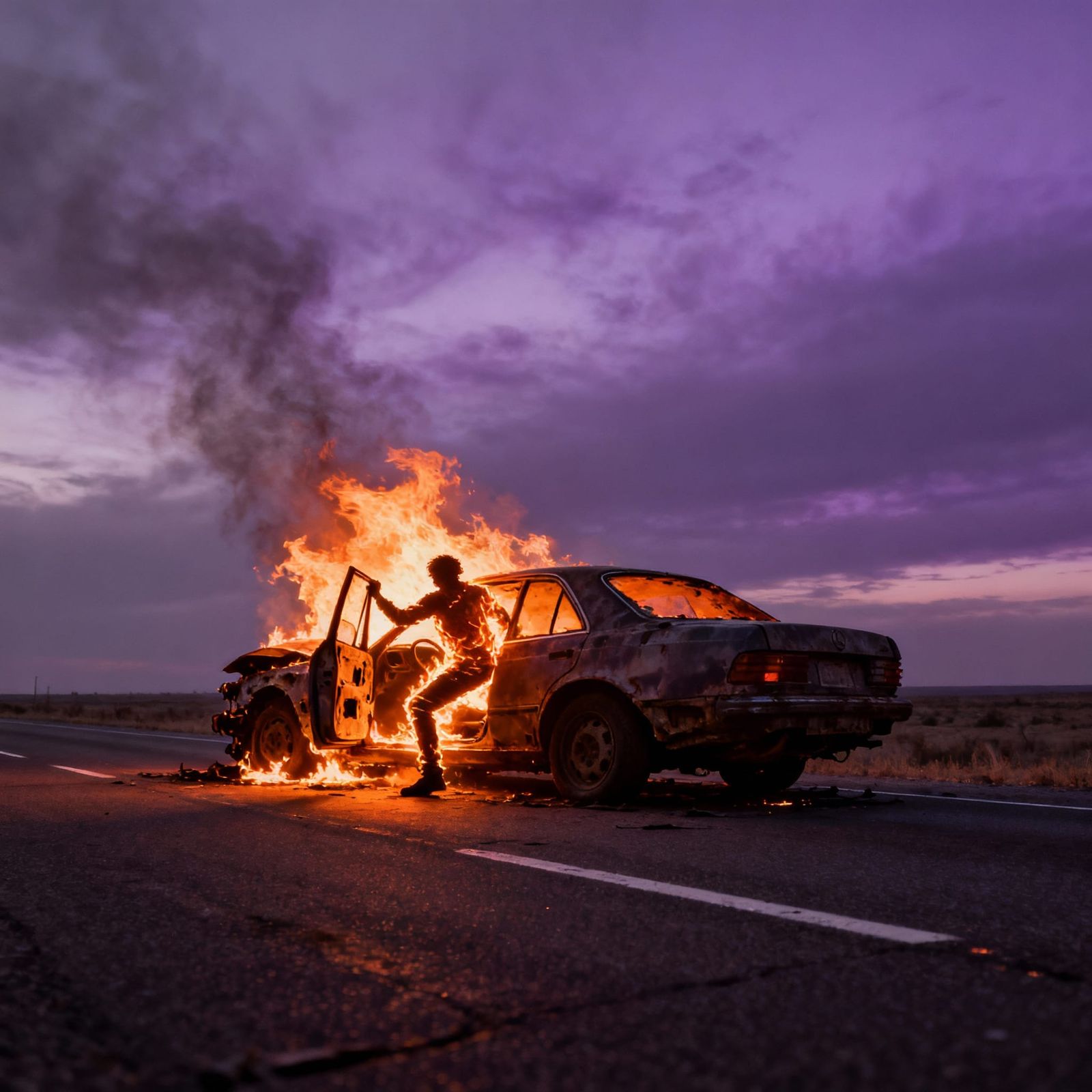 Burning Car Wreck on Desolate Highway at Twilight