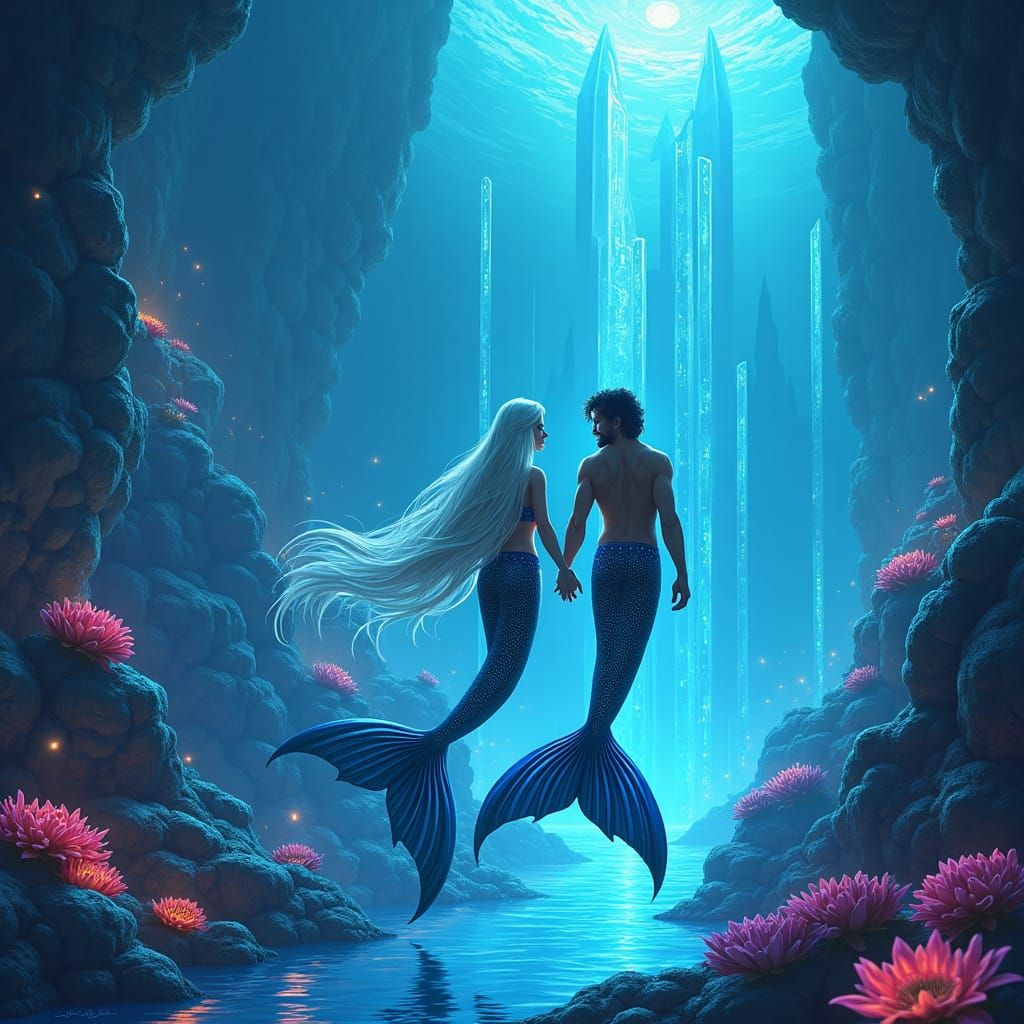 Merfolk Couple in Atlantis: Surreal Seascape
