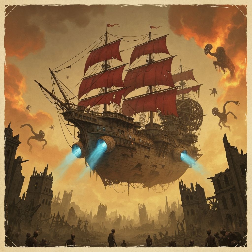 Massive Airship Above Undead Ruined City in Vintage Style