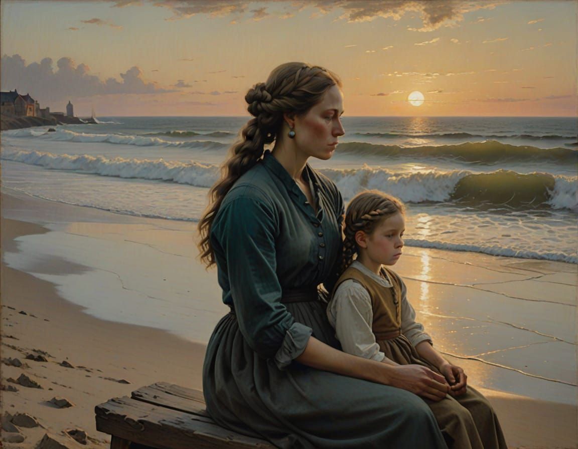 Ethereal Beach Scene with Rainbow Braids and Ancient Sandcas...