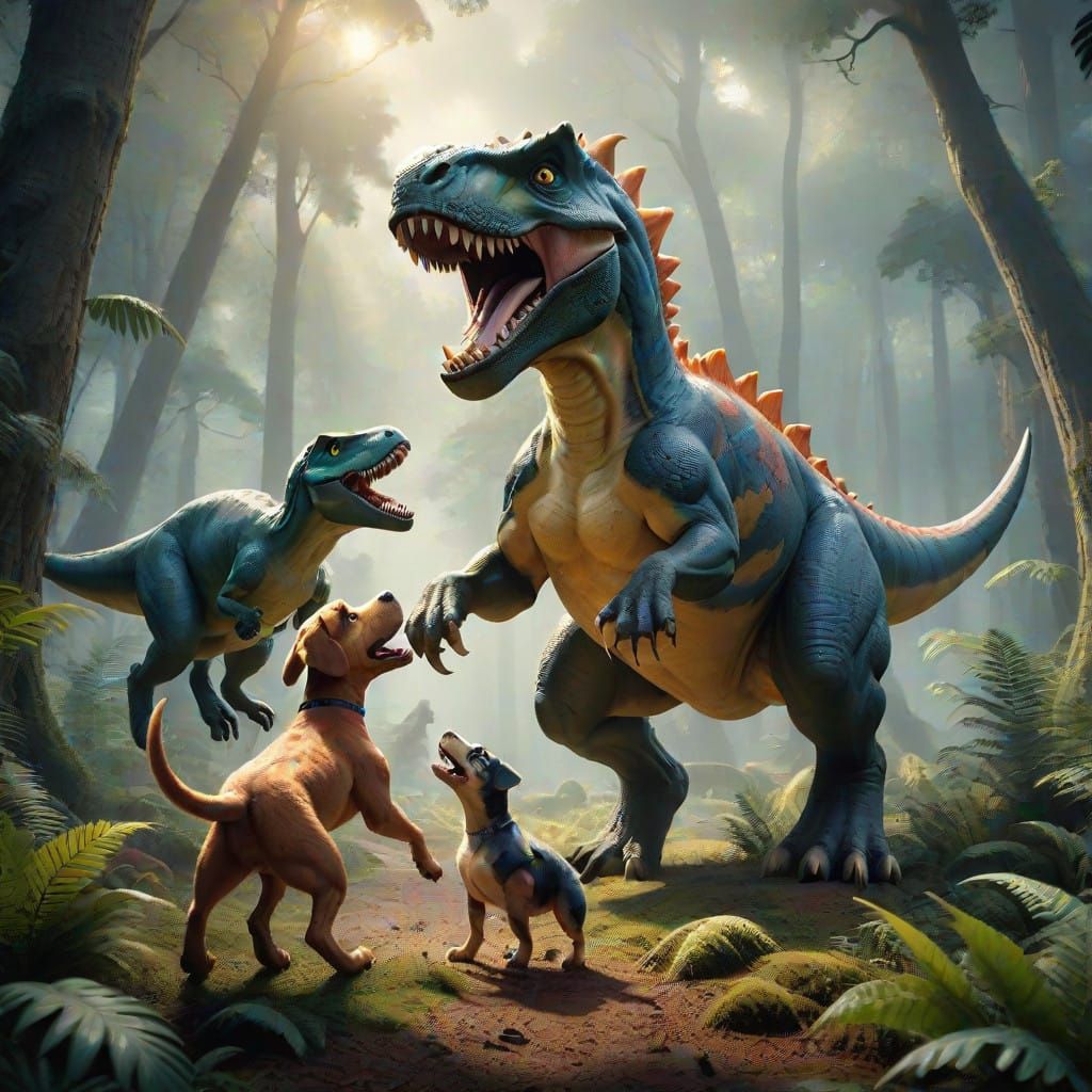 Epic Cinematic Scene of Dog and Dinosaur in Enchanted Forest