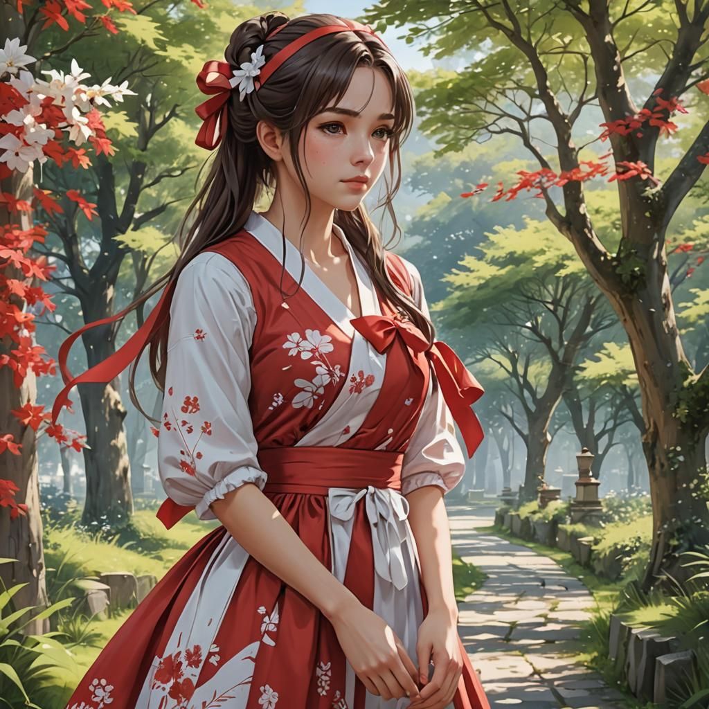 Hyperrealistic Anime-Style Woman in Summer Landscape
