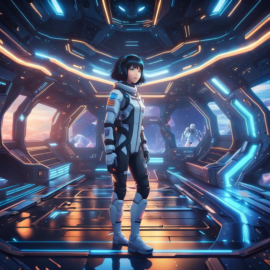 Astronaut on Spaceship Deck in 3D Anime Style
