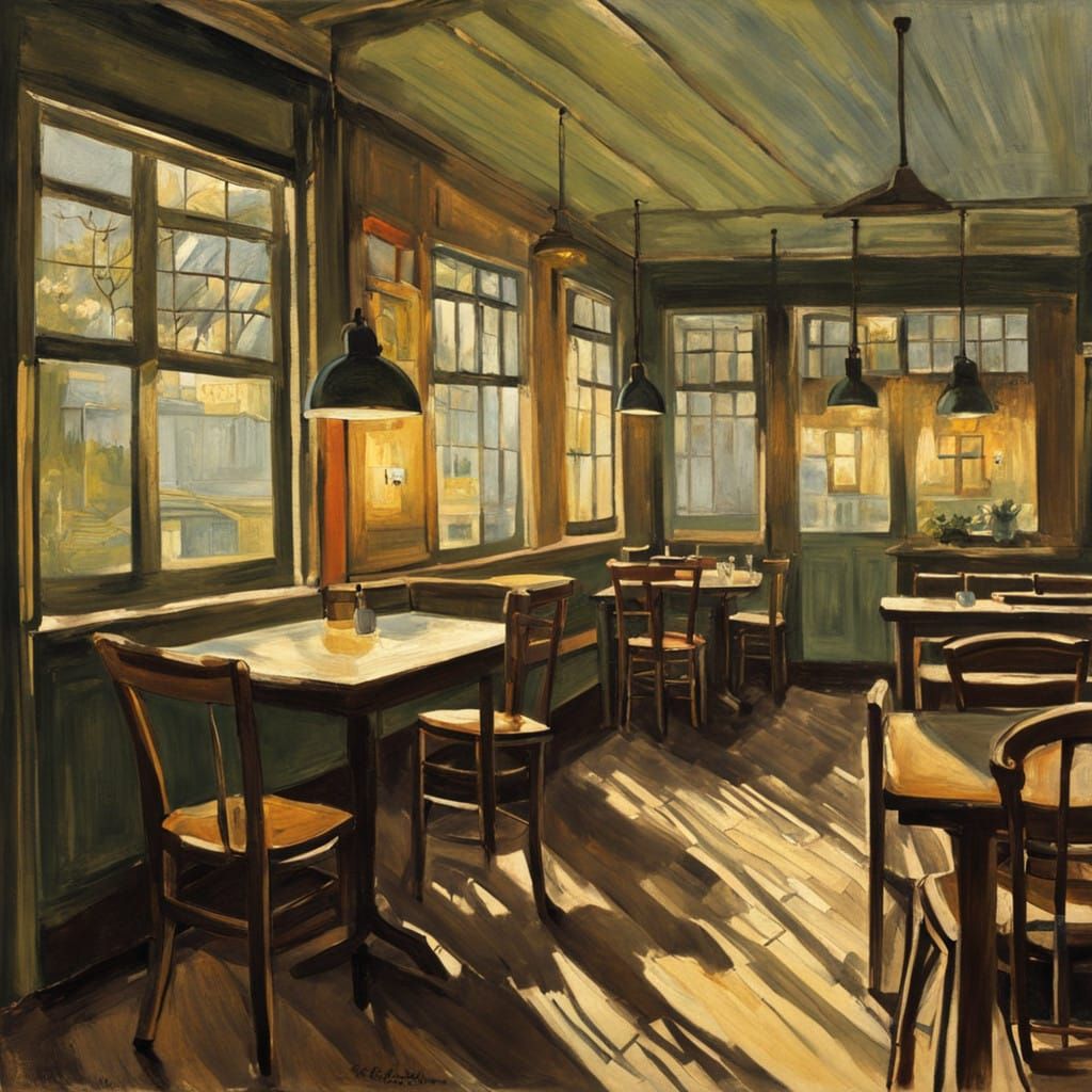 style of Eric Ravilious, the Night Cafe