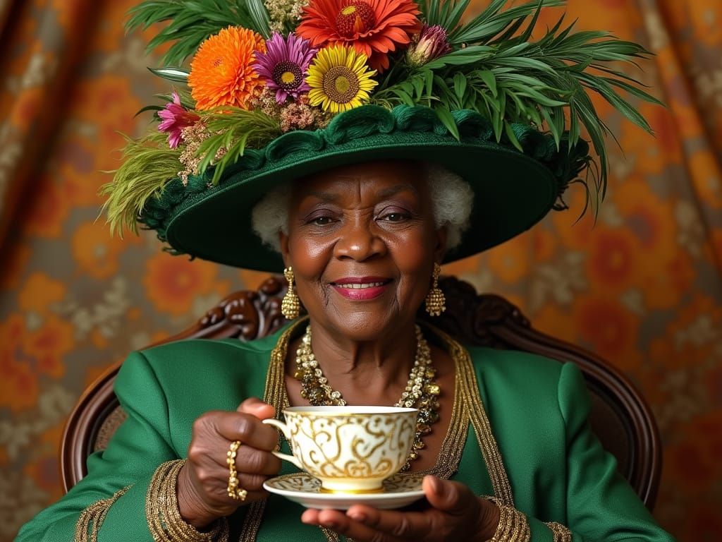 Elegant Art Nouveau Woman Sips Tea in Lush Setting