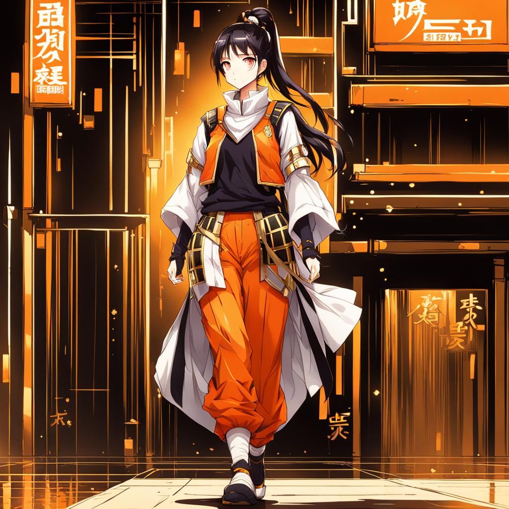 Anime Style Woman in Orange Vest and Gold Armor