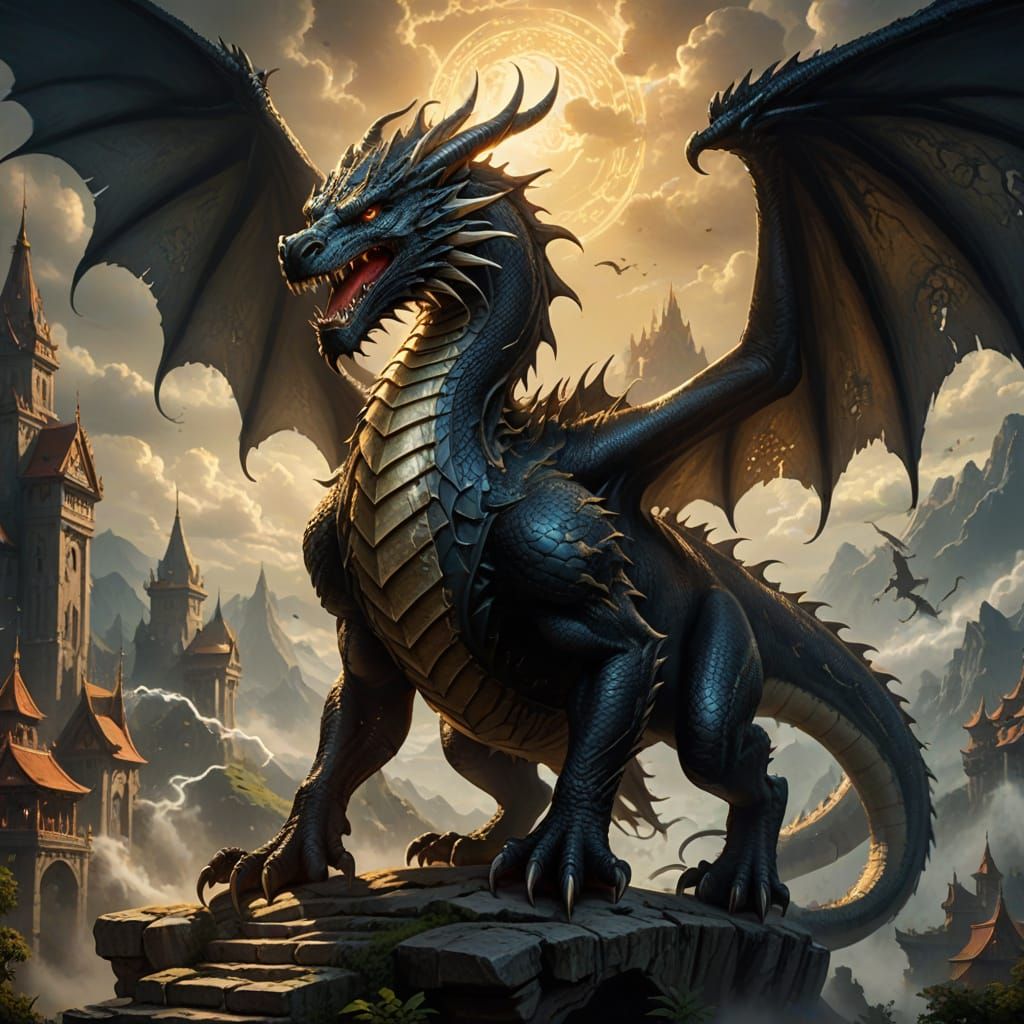 Colossal Tuxedo Cat Dragon Soars in Golden Hour