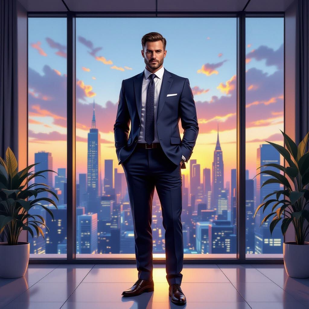 Confident Entrepreneur in Modern Office, Futuristic Style