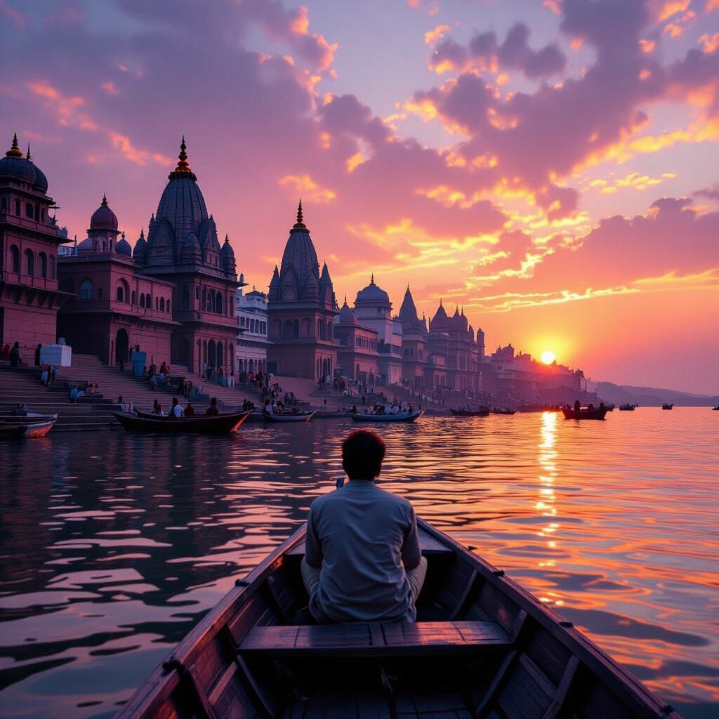 Breathtaking Sunset Over Banaras Ghats from a Boat
