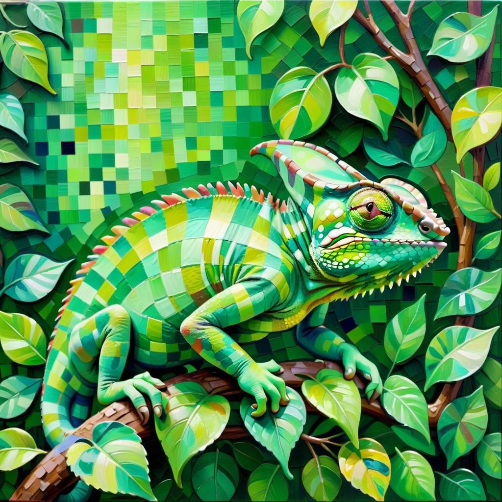 Chameleon Blends Into Neo-Impressionist Green Landscape