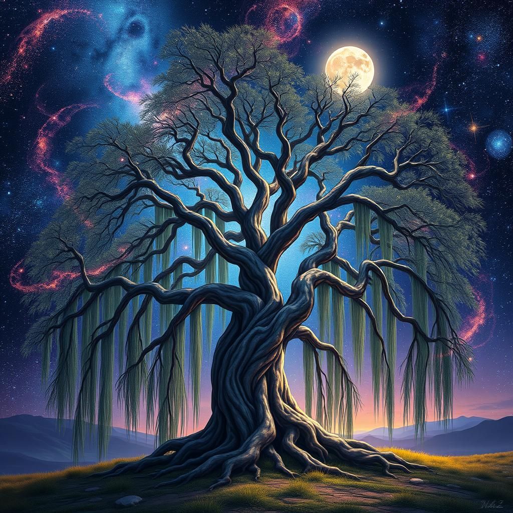 Cosmic Willow Tree: Holographic Astral Illustration