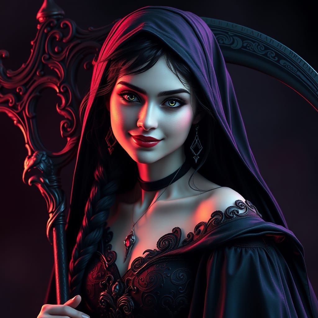 Majestic Grim Reaper with Radiant Smile and Ornate Scythe
