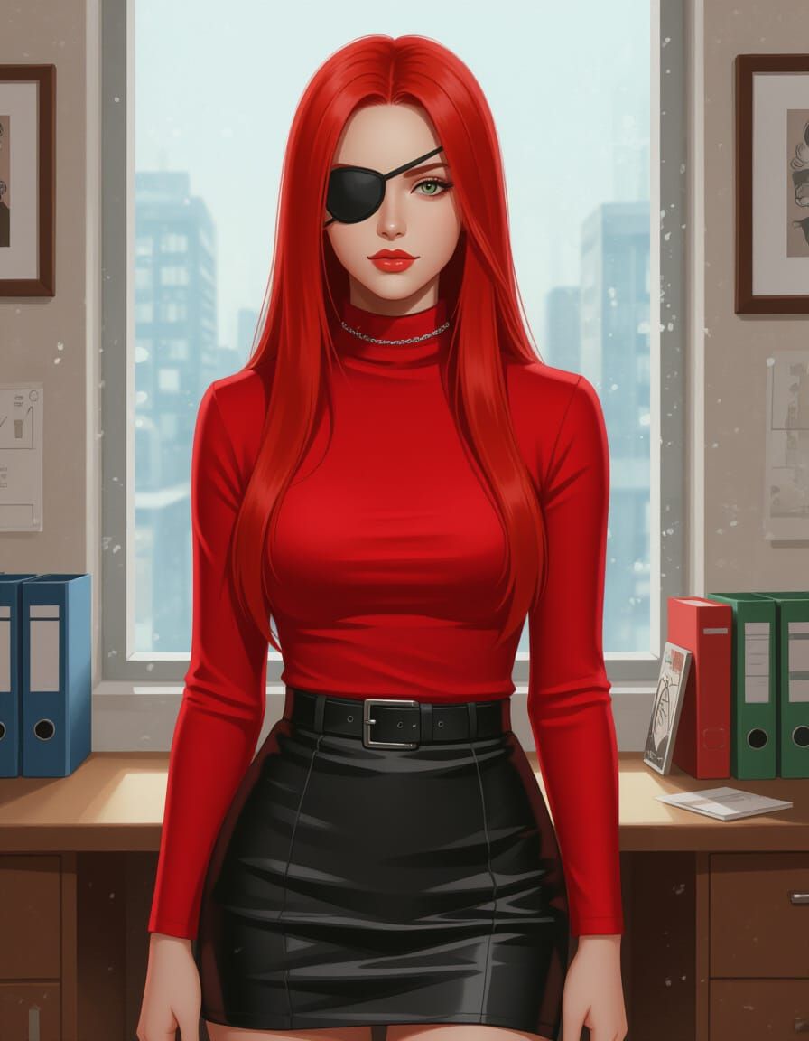 Red-Haired Woman with Eyepatch in Hyperrealistic Style
