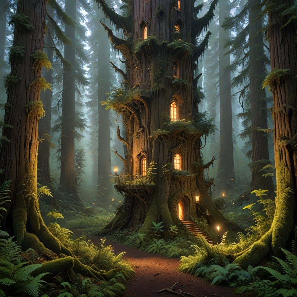 Enchanted Redwood Tower in a Whimsical Forest Glade