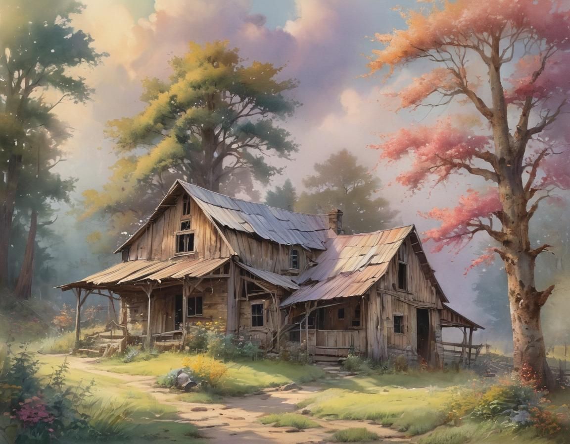 Punk Aesthetic Watercolor Barn in Ethereal Light