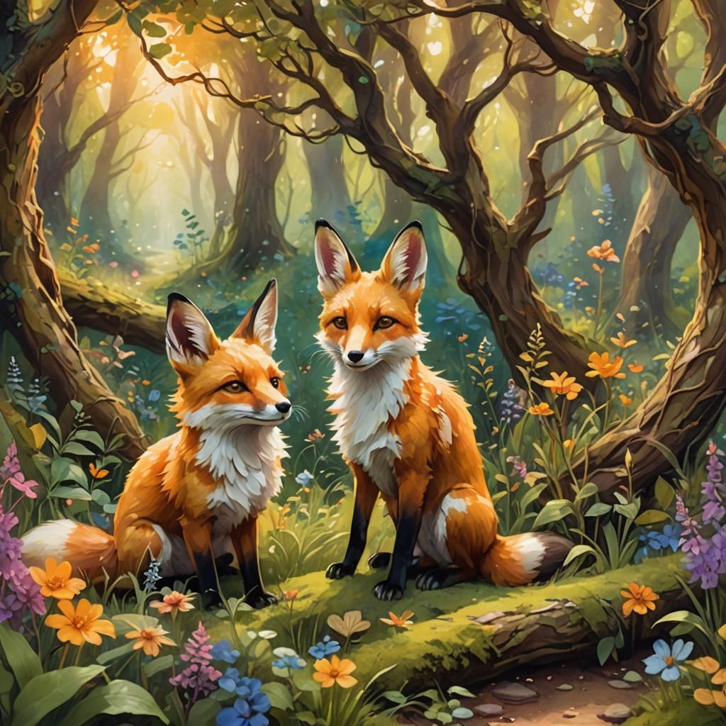 Fox-Bunny Pet in Forest Glade: Oil Painting Style