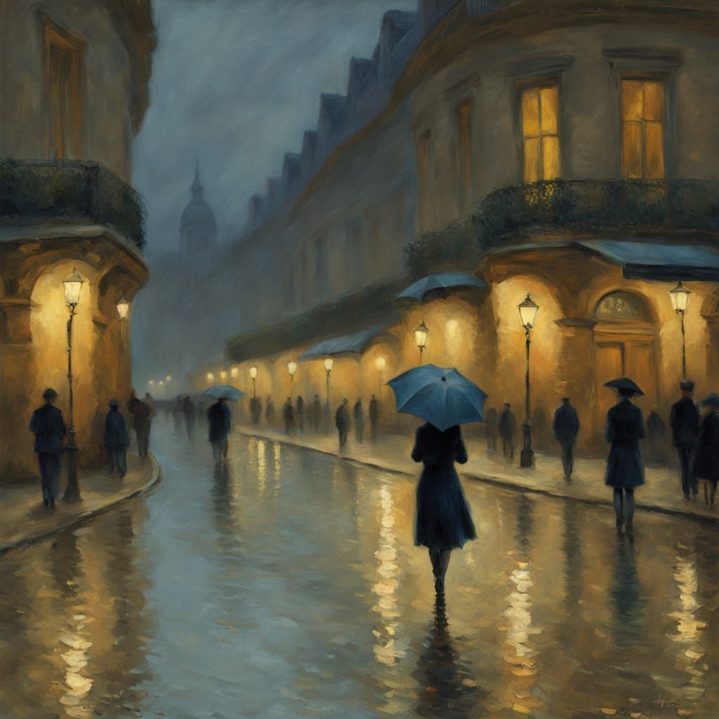 A vibrant, impressionistic painting in the style of Claude Monet of a rainy Parisian street at night, showcasing warm, g...
