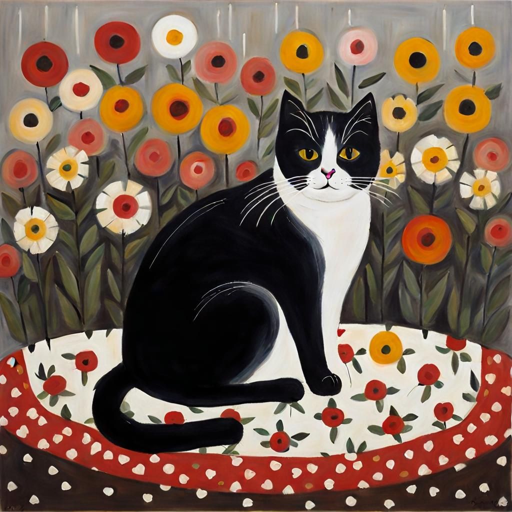 Cat on Pillow Surrounded by Flowers, in Naive Art Style