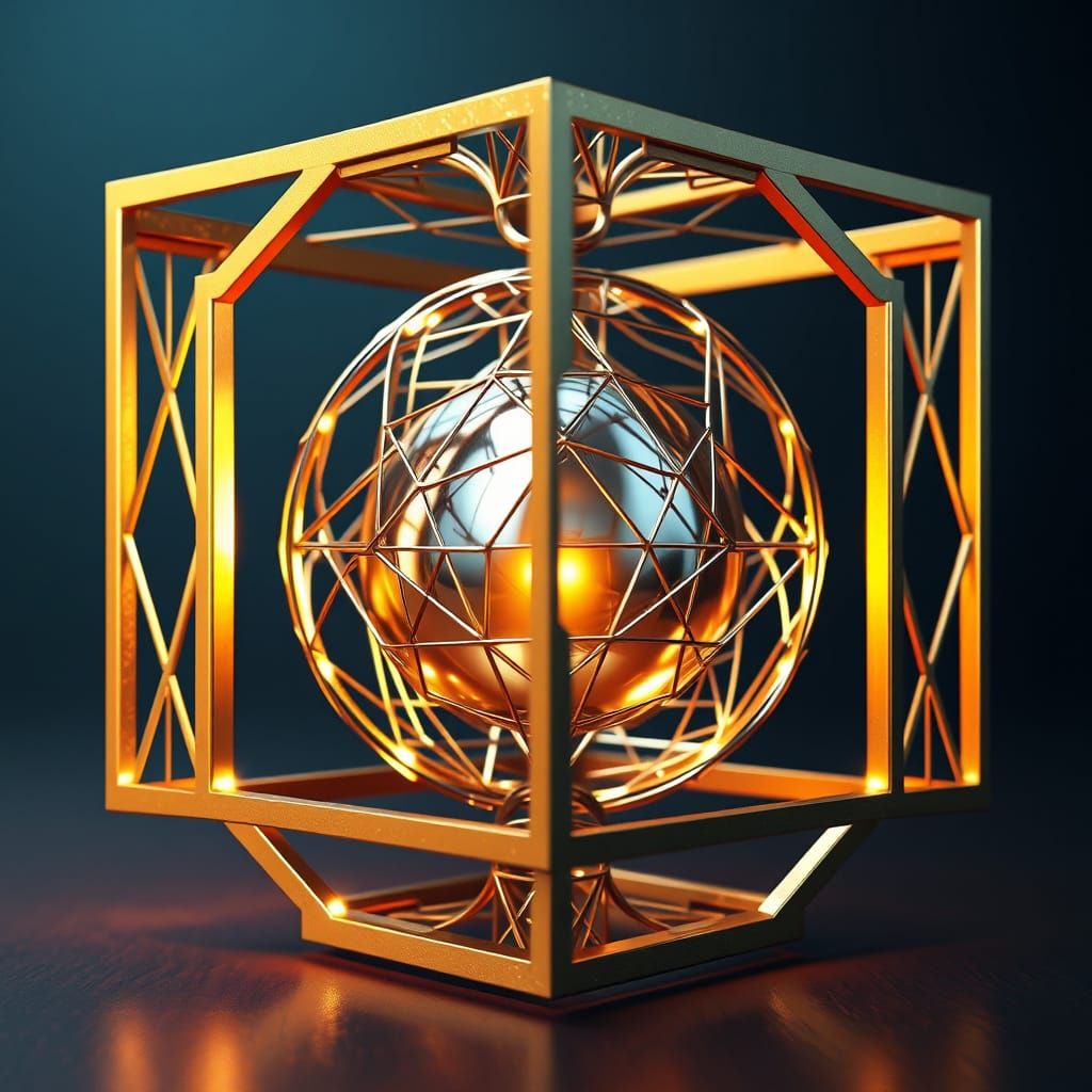 Hyperrealistic Golden Cube with Intricate Silver Sphere and ...