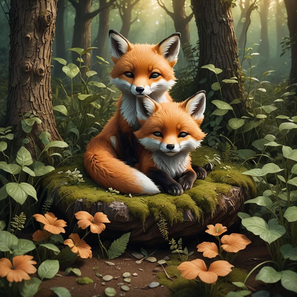 Sleeping Baby Fox in Cozy Forest: Digital Matte Painting