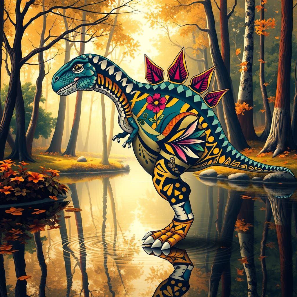 Fashionable Stegosaurus in Art Deco-Inspired Impressionist F...