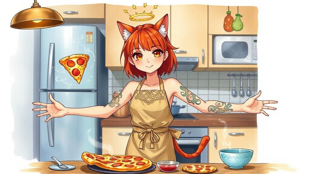 Cat-Girl Making Pizza with Celtic Tattoos in Anime Watercolo...