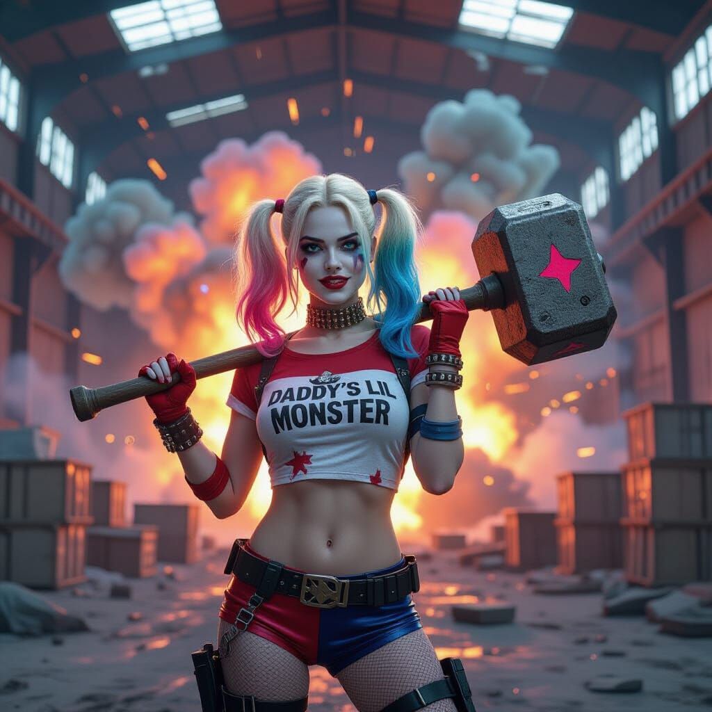 Harley Quinn with Sledgehammer in Exploding Warehouse
