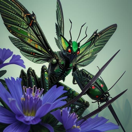 Bioluminescent Insect Hybrid: Emerald Mantis Ladybug Art