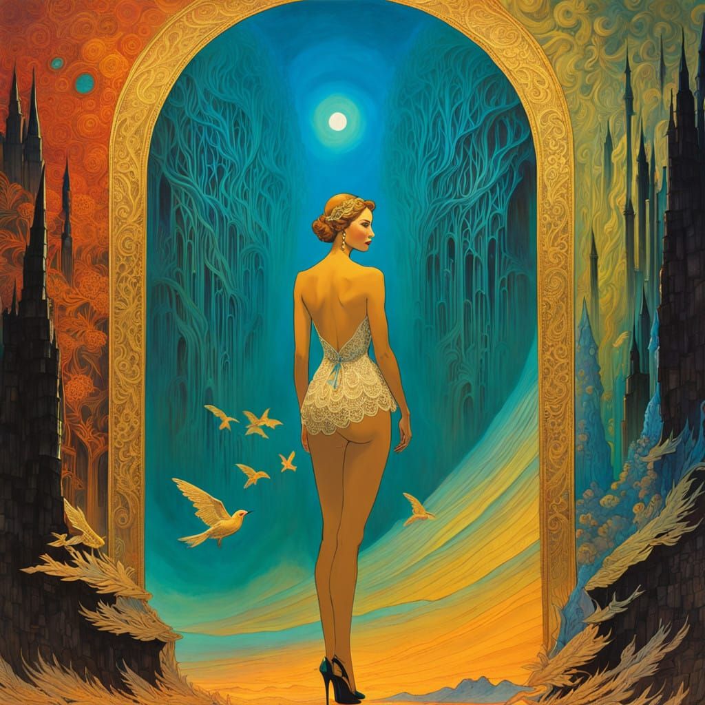 Whimsical Woman in a Dreamlike Landscape