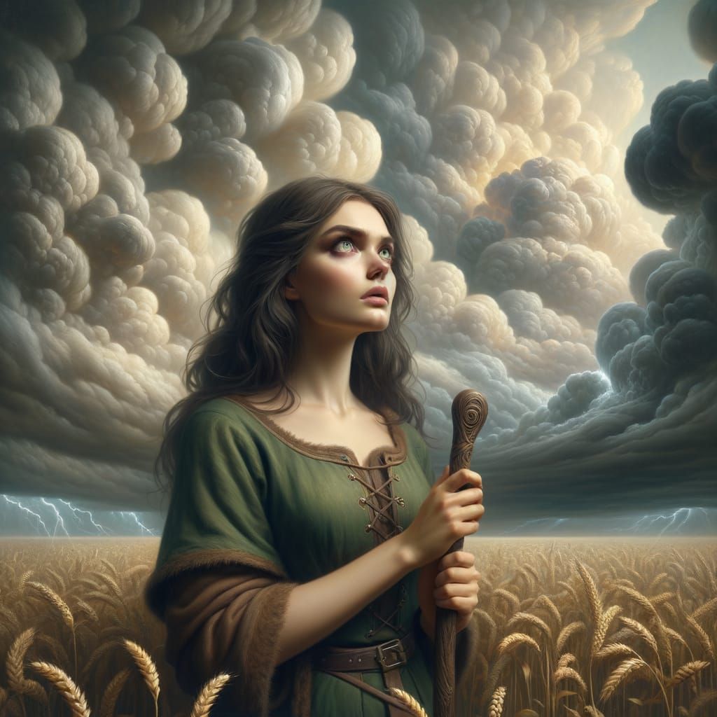 Norse Goddess in Wheat Field Under Stormy Skies