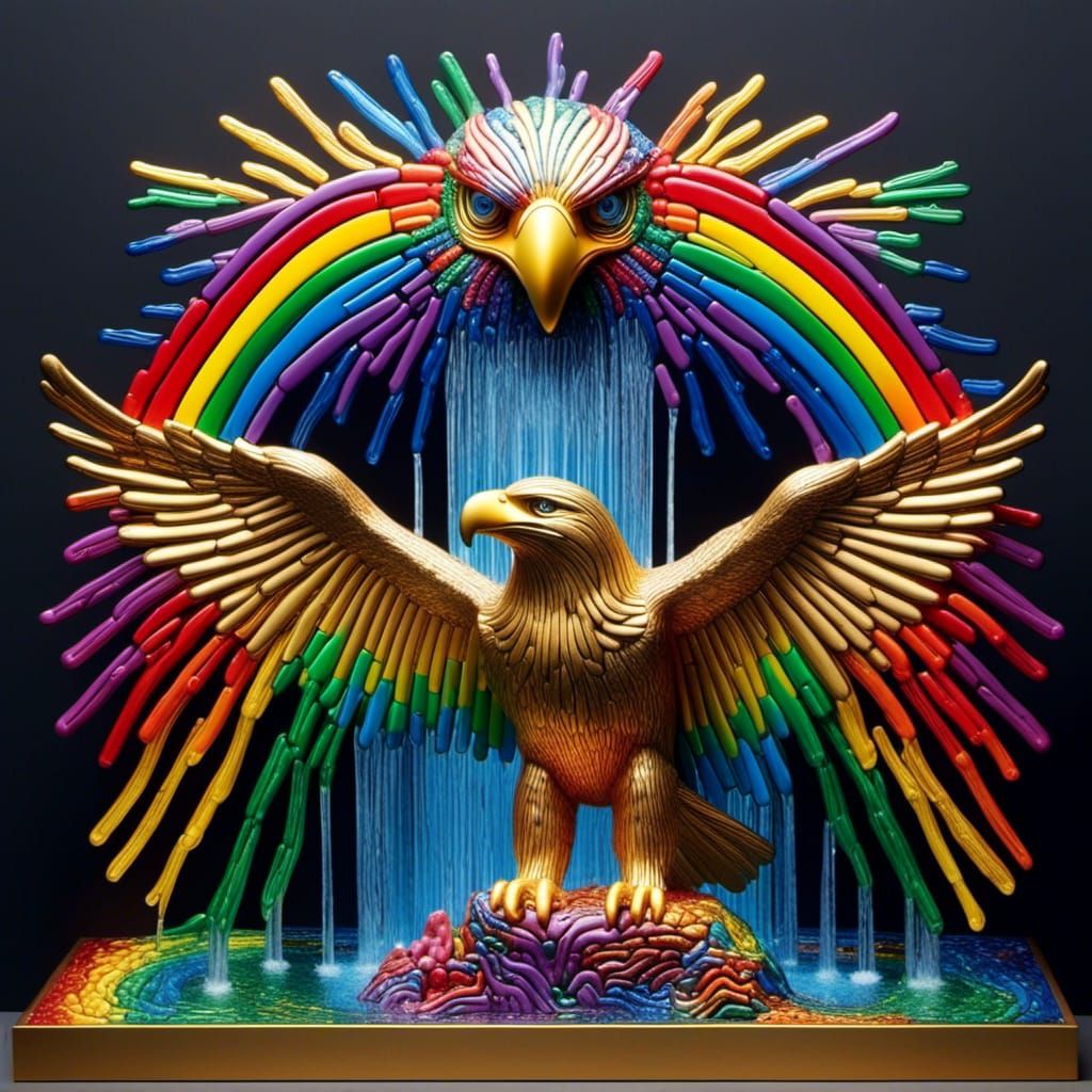 Haring-Style 3D Waterfall with Rainbow and Eagle