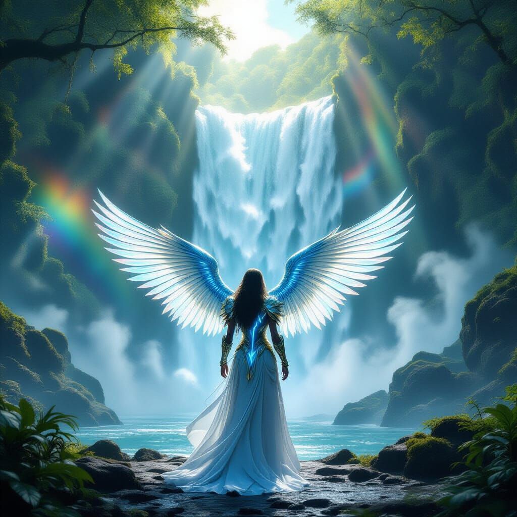 Angel at Thundering Waterfall in Ancient Forest