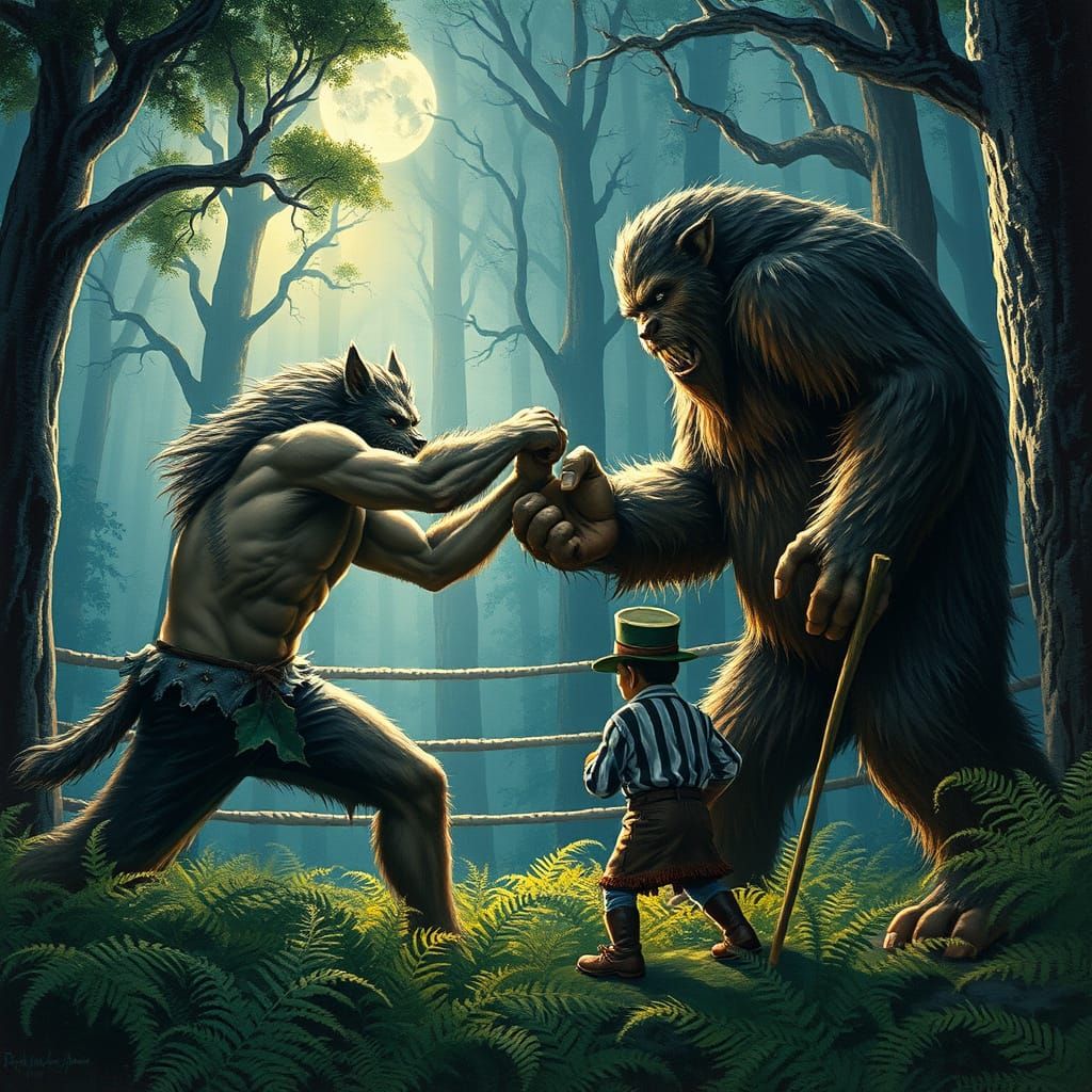 Werewolf Battles Bigfoot in Moonlit Forest Boxing Ring