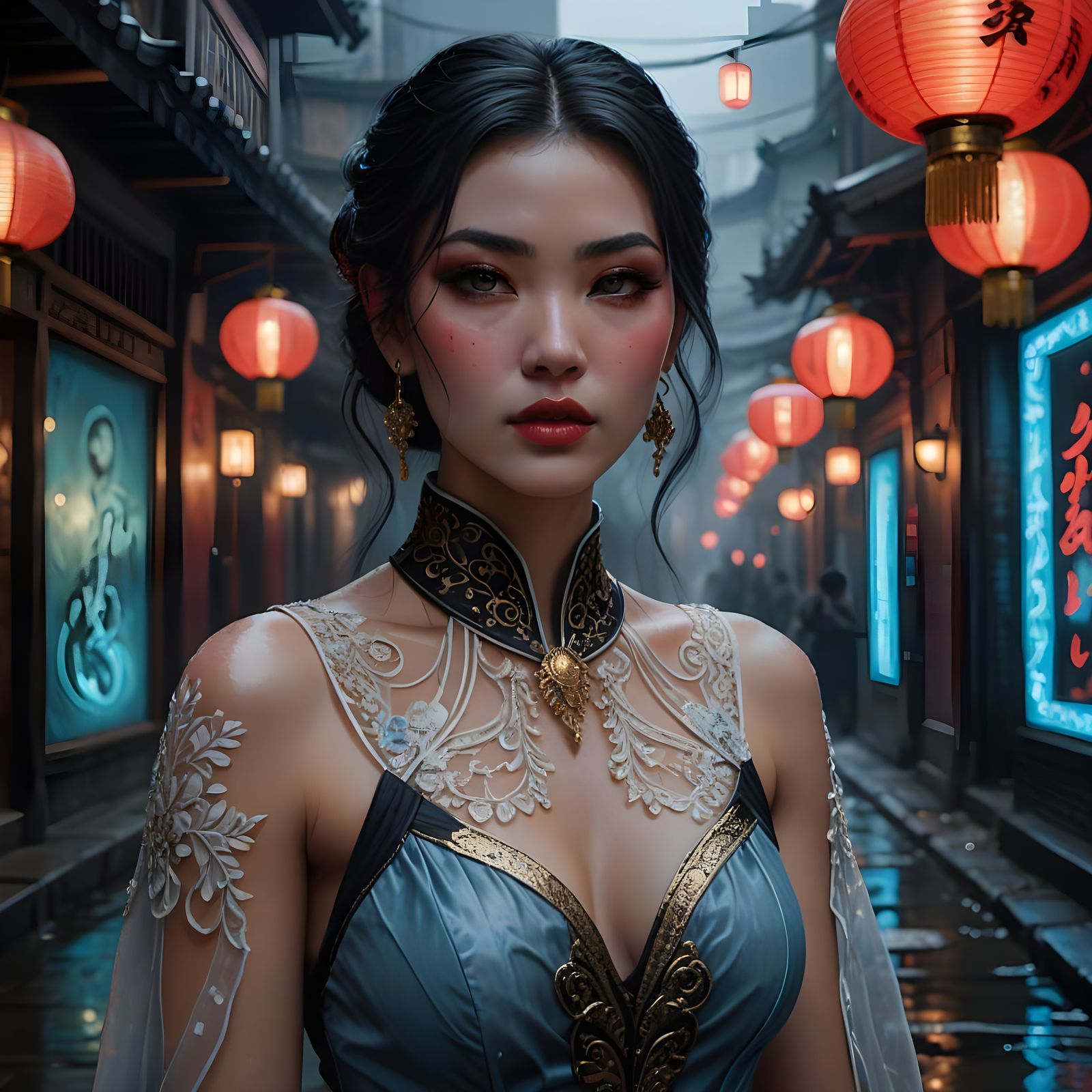 Anime Woman in Misty Alley with Neon Lights