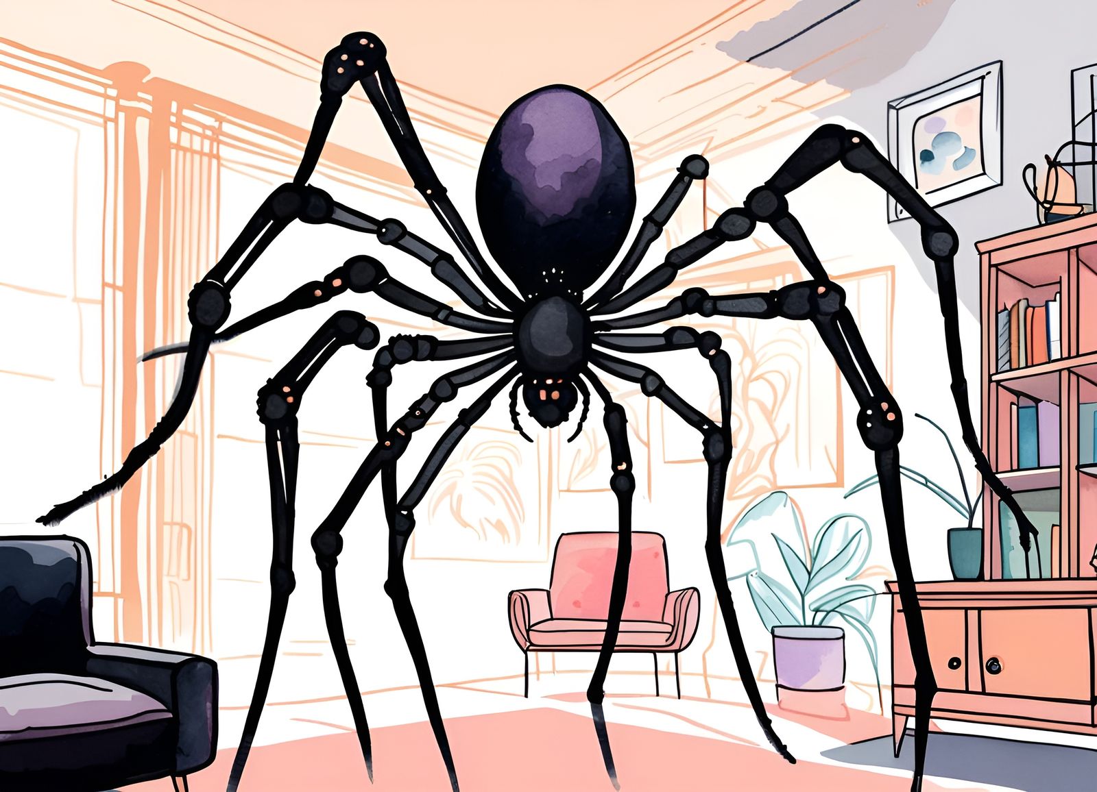 Giant Spiders in Living Room Watercolor