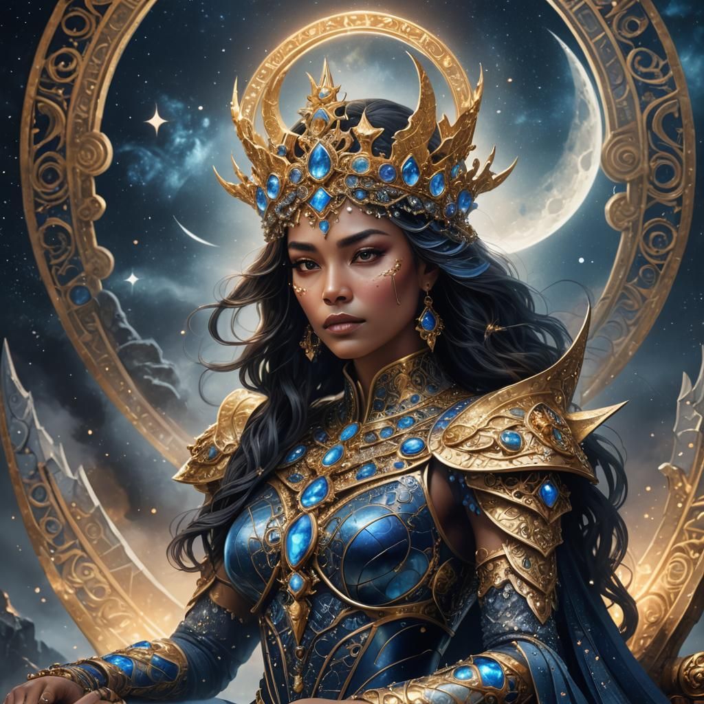 Celestial Queen on Lunar Throne in Fantasy Armor