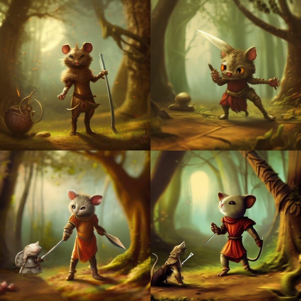 Mouse-Headed Knight Stabbing Cat: Dark Fantasy Art