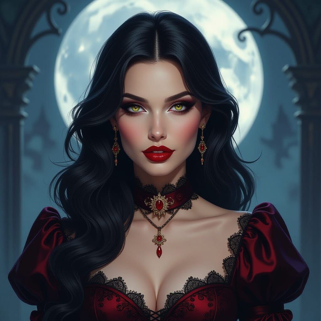 Elegant Vampire Woman in Crimson Dress