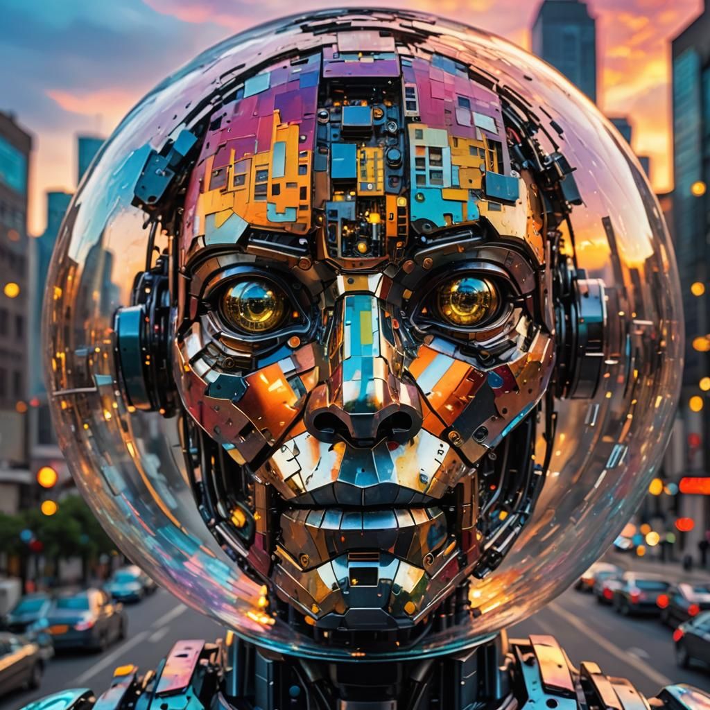 Robot Face Portrait with Dreamscape in Impasto Style