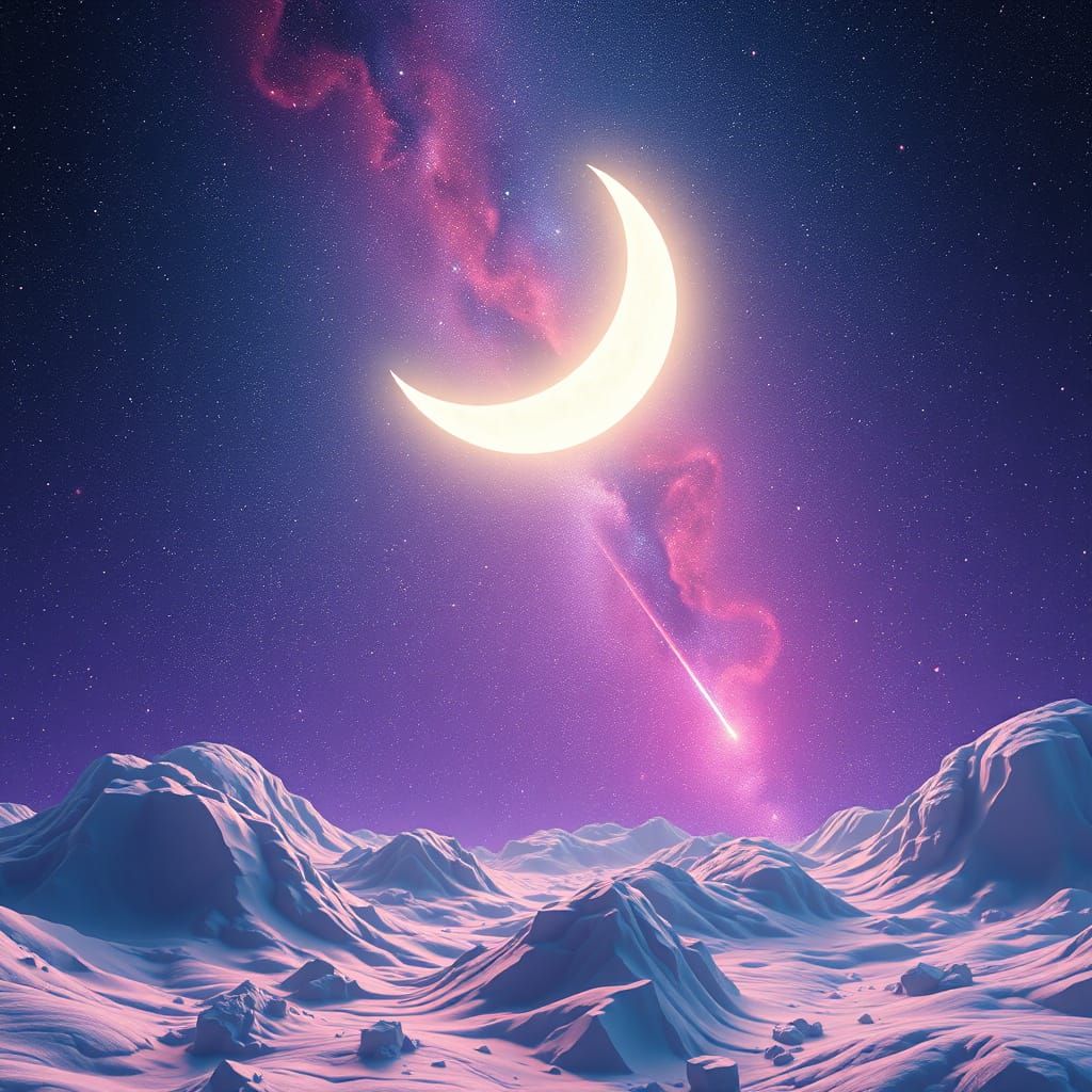 Galactic Landscape with Crescent Moon in 3D Rendered Style