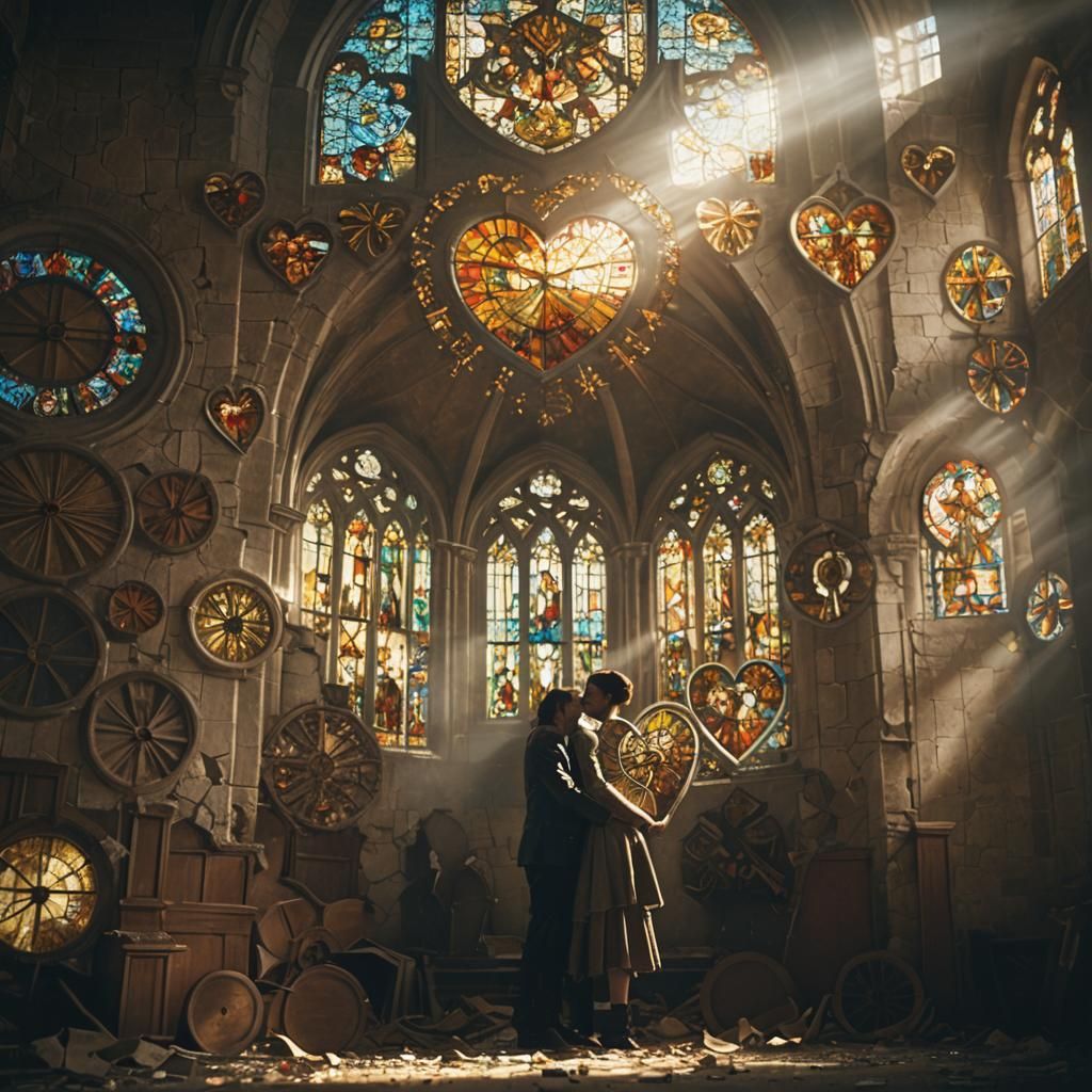Cinematic Embrace in Abandoned Church, HDR Digital Art