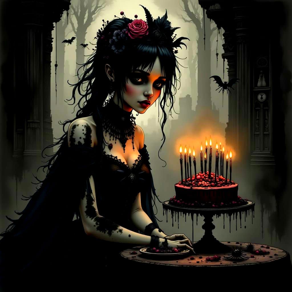<lora:PinkLandscpe1-F:1.0> <lora:XenoPin 2p0:1.0> goth birthday girl blowing out candles on her goth birthday cake