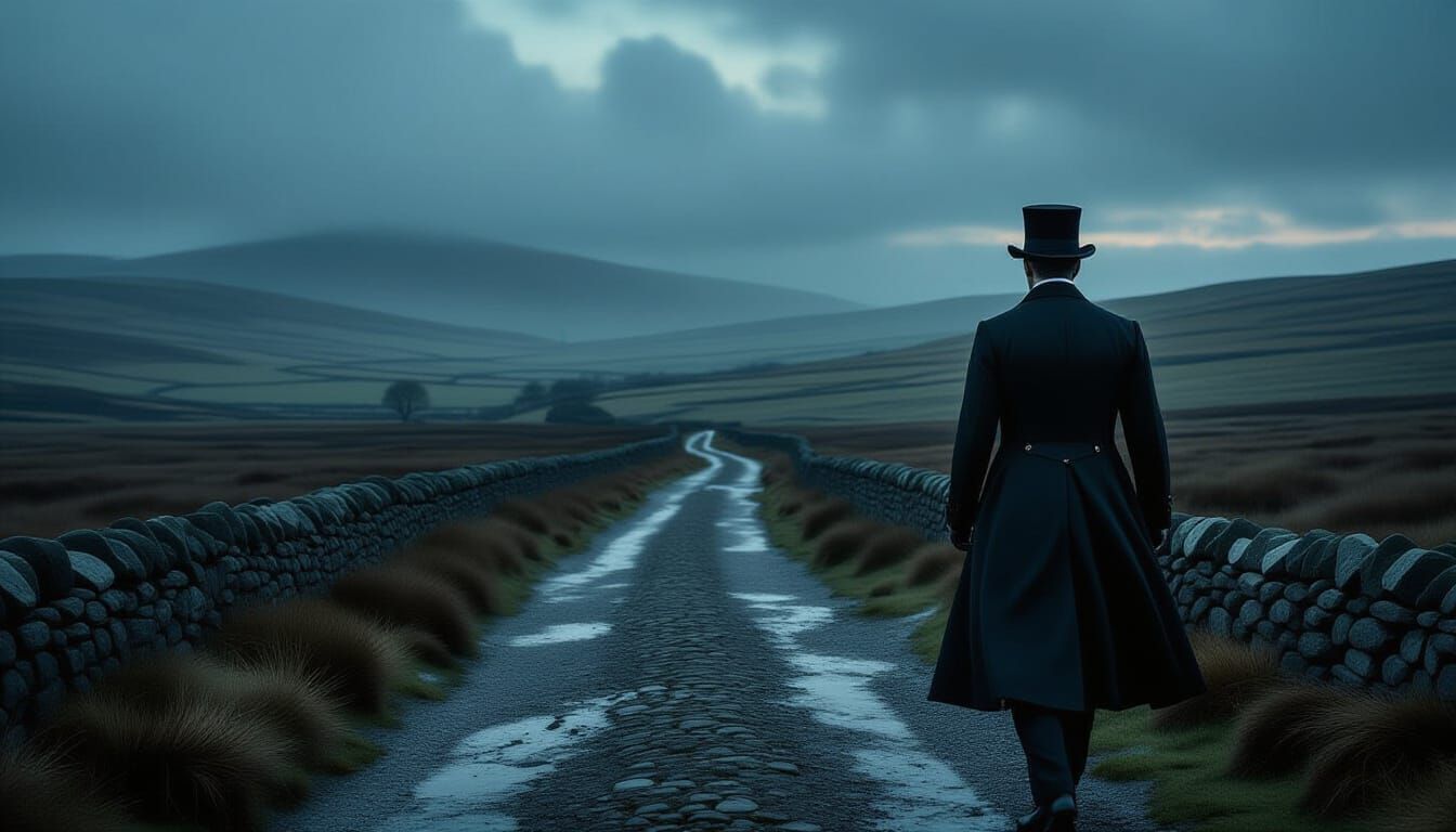 Man Walks Yorkshire Moors at Dusk in Gothic Style