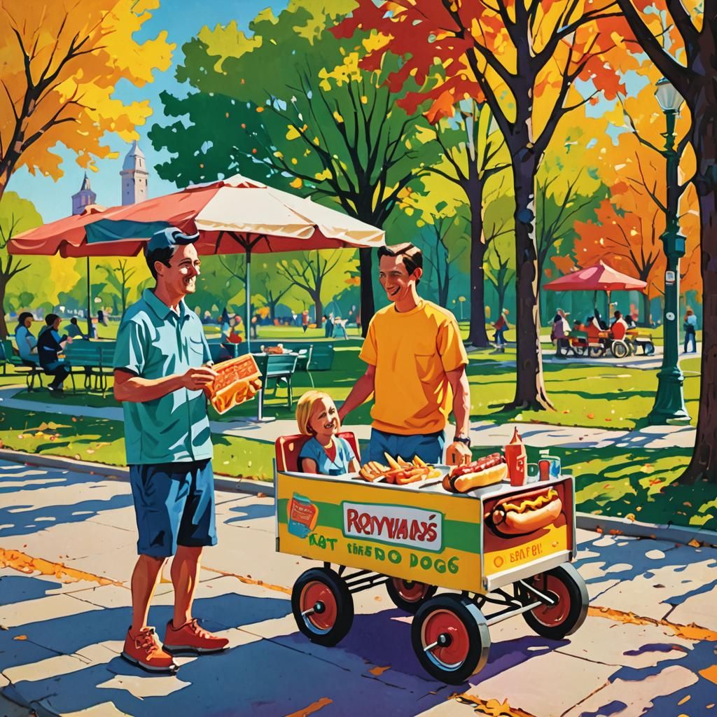 Pop Art Hot Dog Vendor in Park with Child