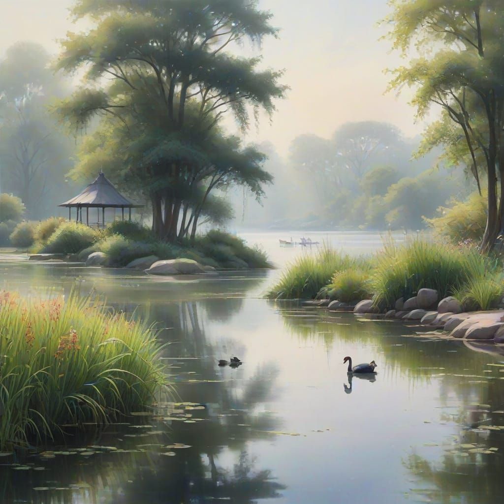 Watercolor Lake with Gazebo and Black Swans