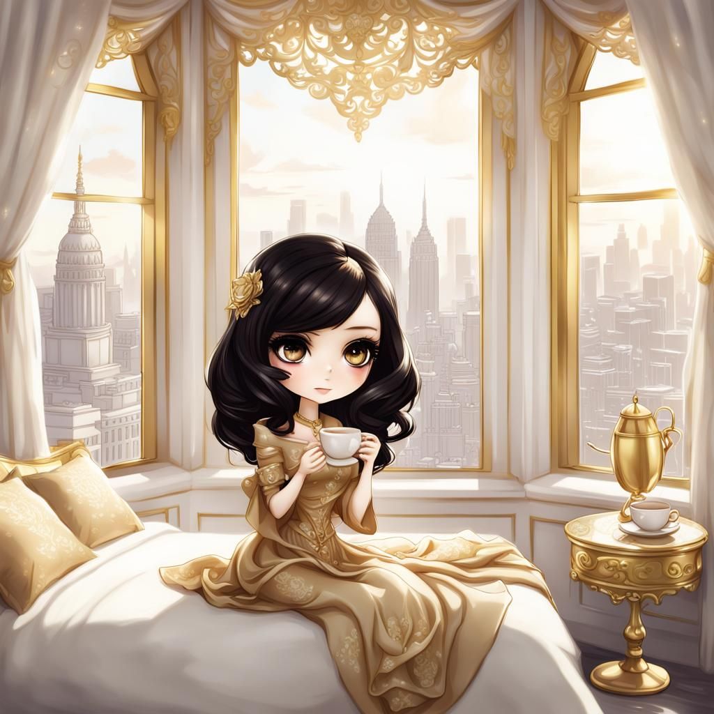 Chibi Woman Enjoying Tea in Elegant Bedroom