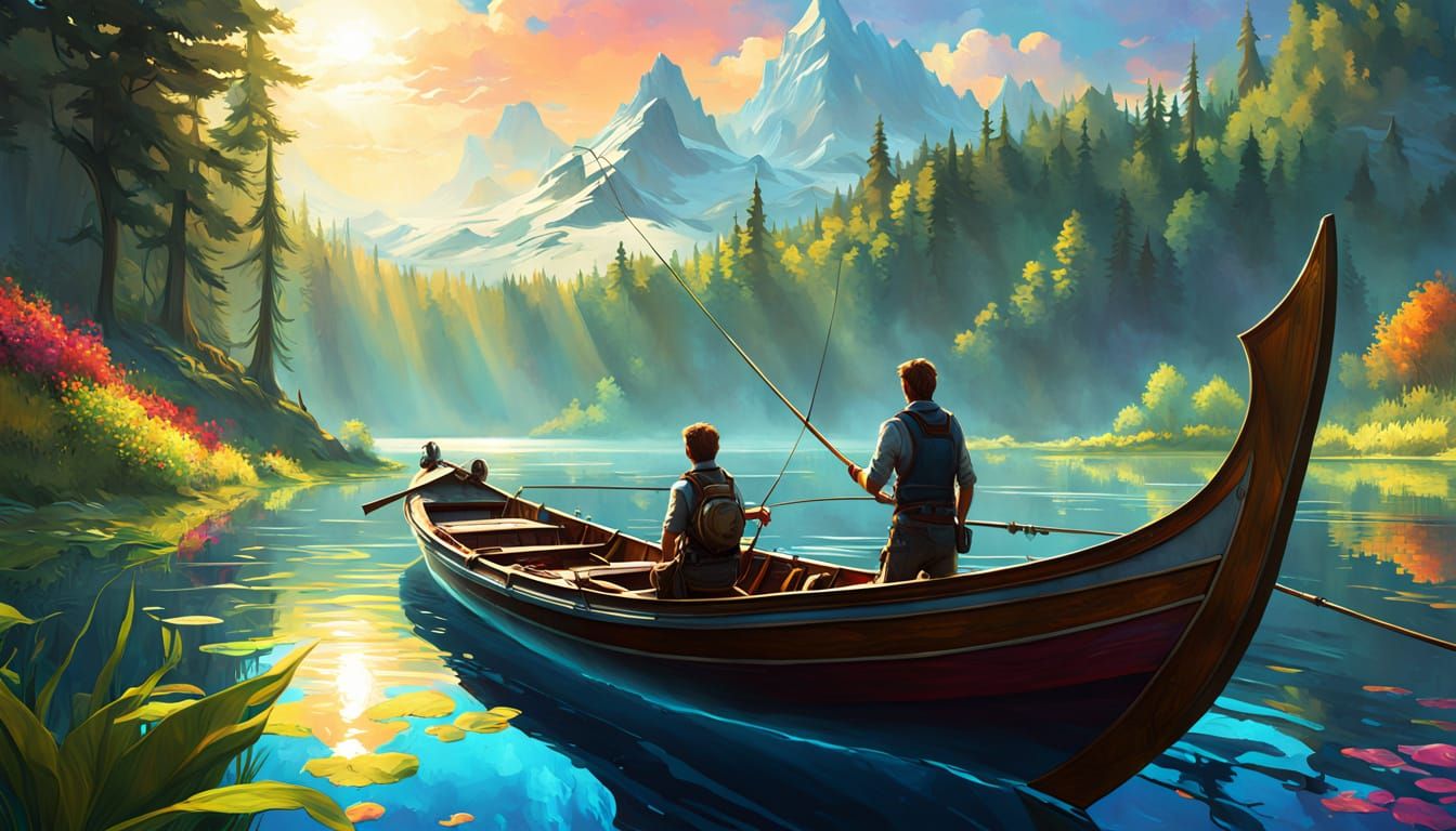 Man and Child Fishing on Lake in Vibrant Oil Painting Style