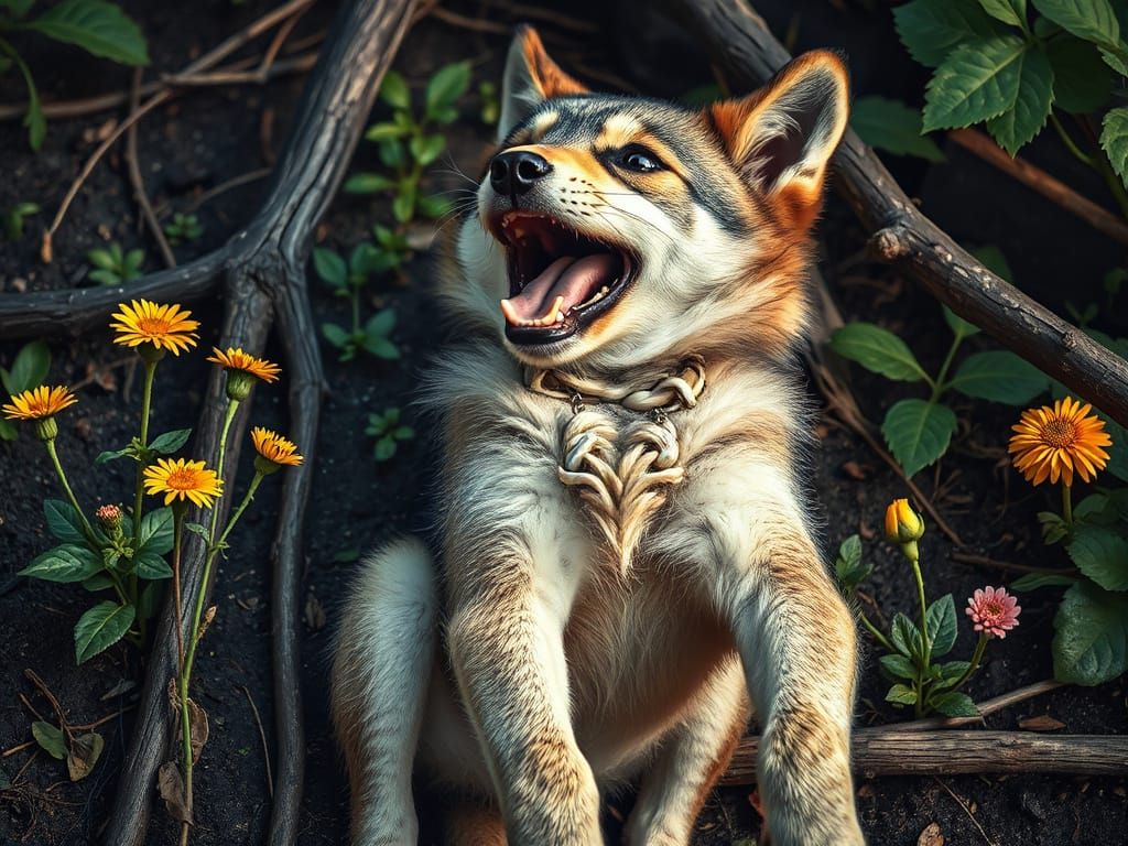 Yawning Wolf Cub in Flower Garden