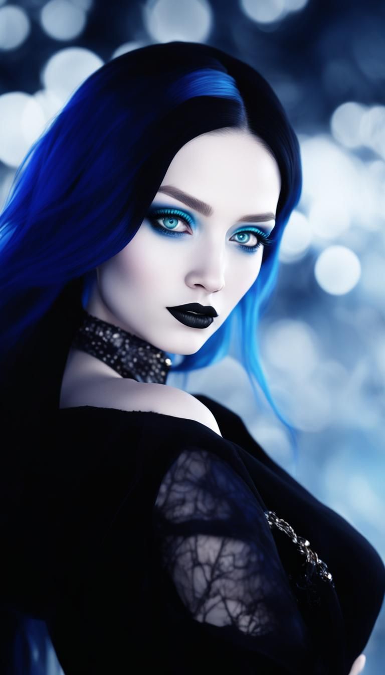 Realistic portrait of a beautiful gothic young lady with long neon blue hair and blue eyes with black eyeshadow with bla...